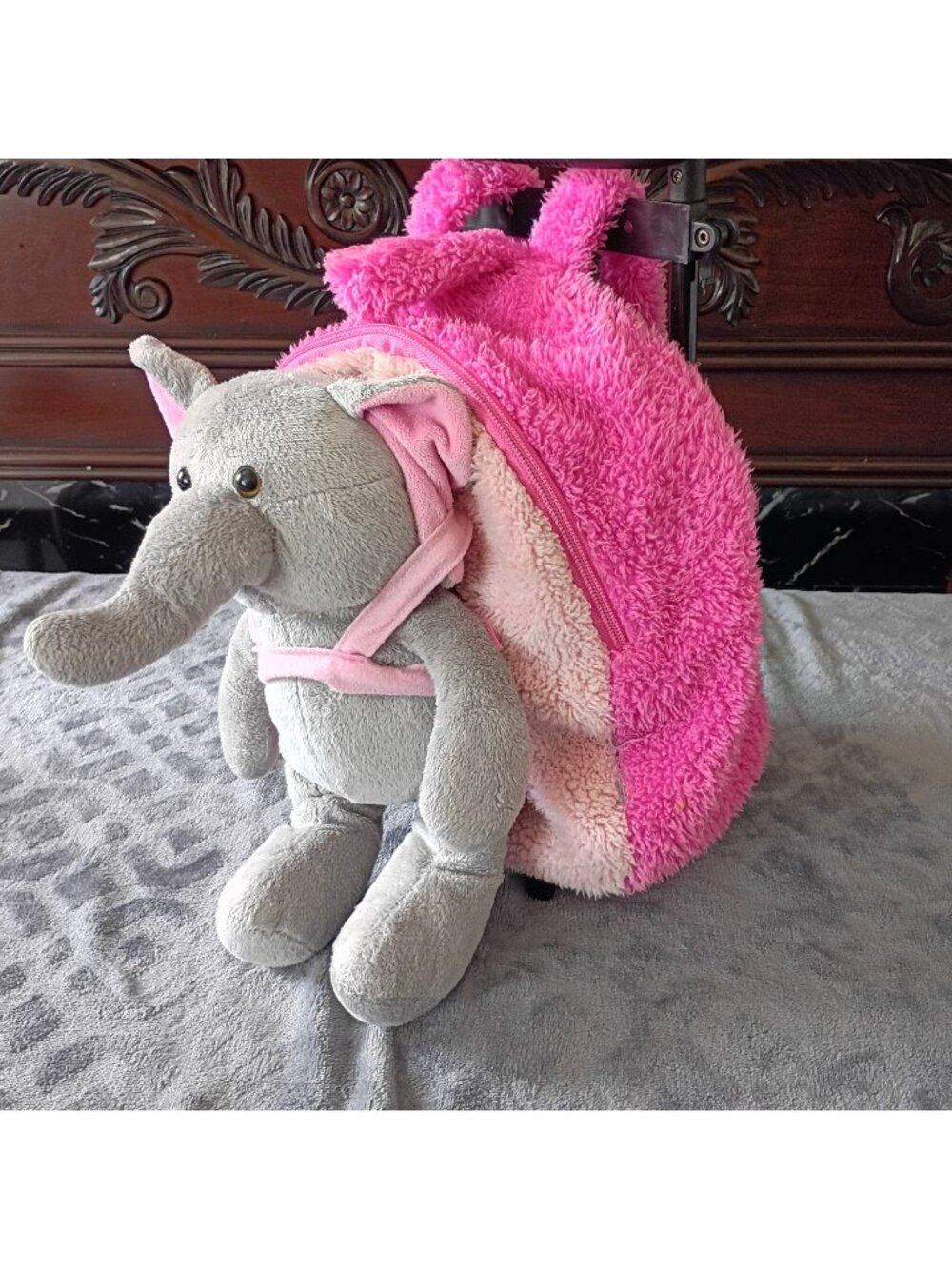 Back Pack Fluffy Pink With Plush Elephant